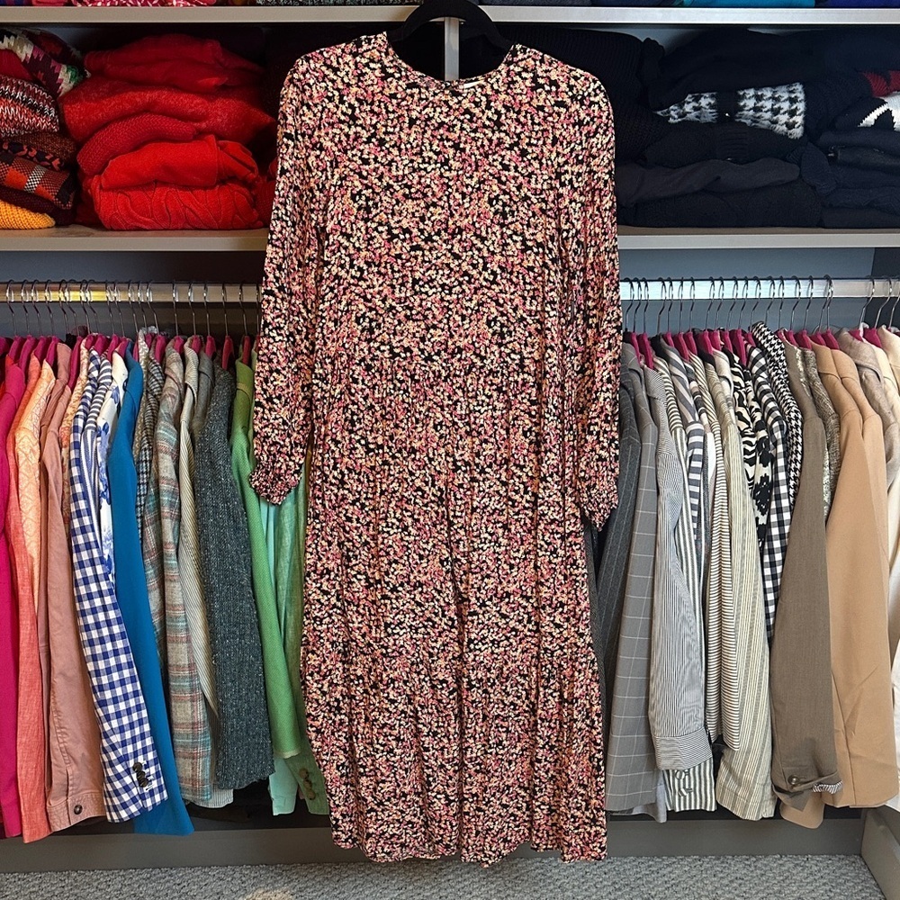H&M black/pink/orange floral long sleeve button back closure midi dress size XS